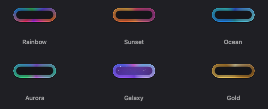 Pill skins: Rainbow, Sunset, Ocean, Aurora, Galaxy and Gold